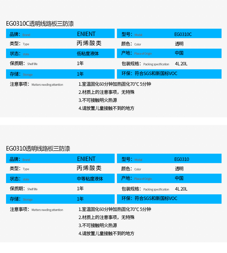 EG0310透明線路板三防漆具有優(yōu)異的防水、防潮、防塵、絕緣性能，同時耐冷熱沖擊、耐老化、耐輻射、耐鹽霧、耐腐蝕、耐振動、耐電弧，柔韌性、附著力等性能良好，帶熒光指示，可檢查噴涂是否到位。